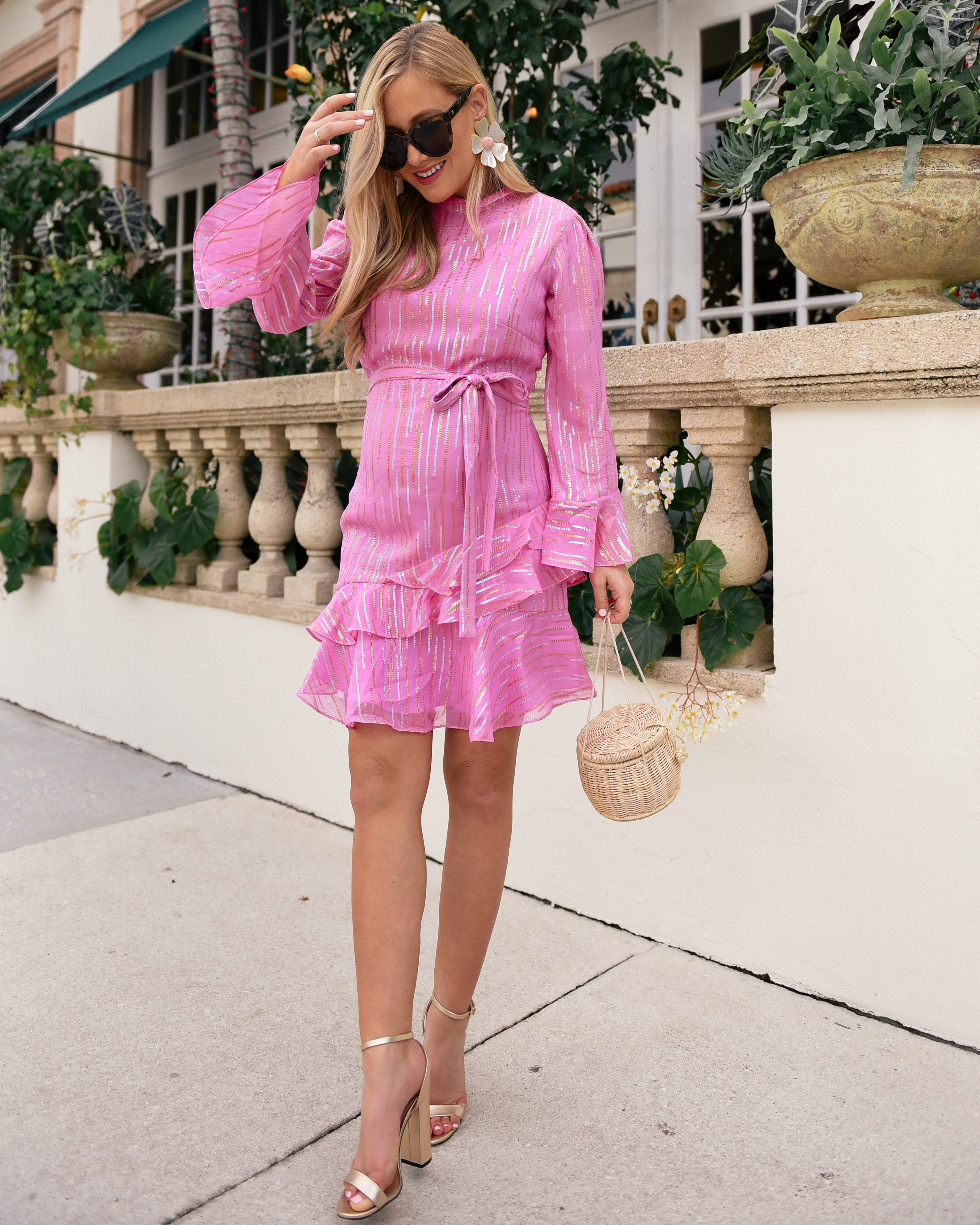 Saloni-Dress-Pink-Dress-Rebecca-de-Ravenel-Earrings-Flower-earrings-Saloni-Marrissa-Mini-Dress-Lo-Murphy-bump-style-maternity-style-Candy-pink-dress
