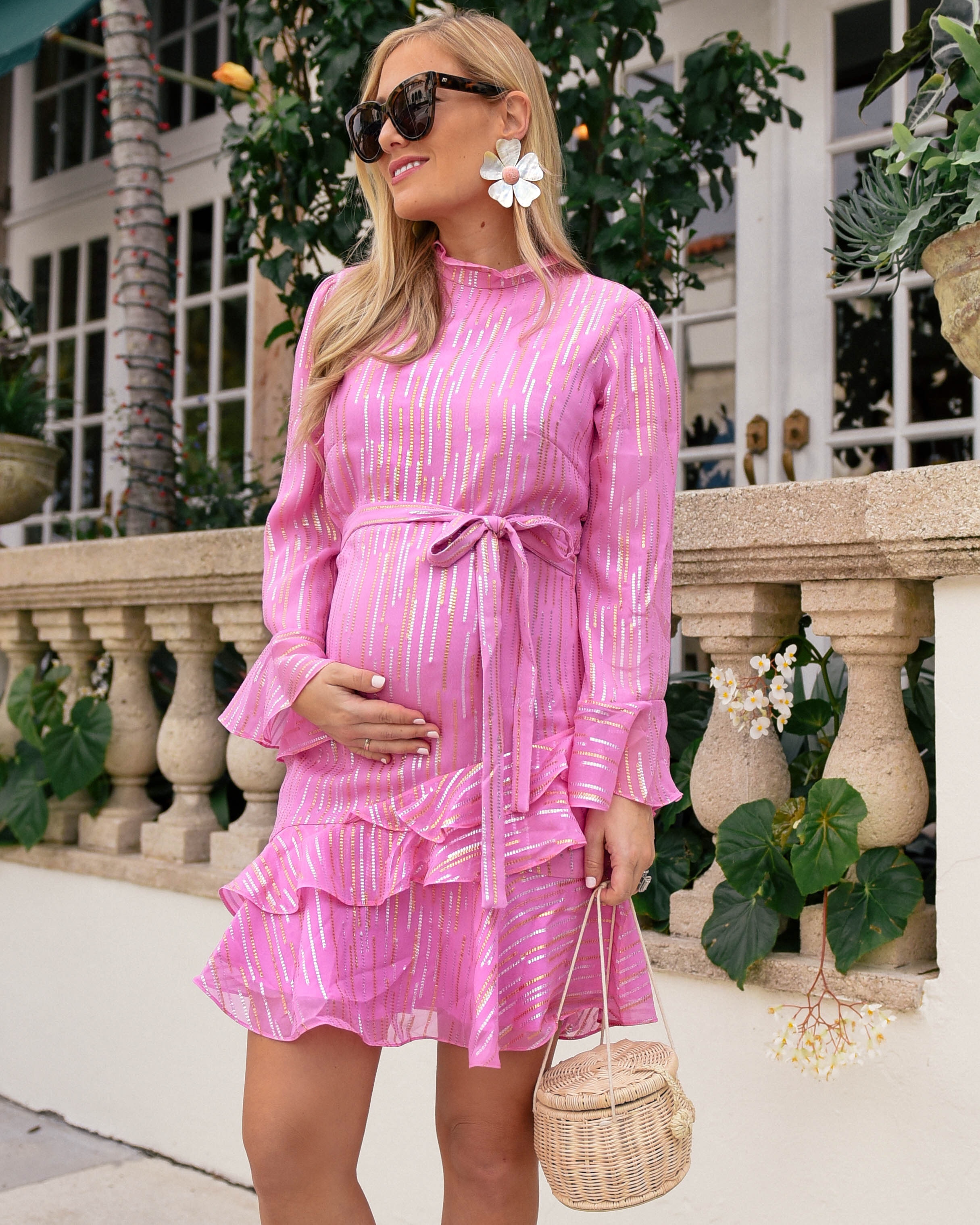 Saloni-Dress-Pink-Dress-Rebecca-de-Ravenel-Earrings-Flower-earrings-Saloni-Marrissa-Mini-Dress-Lo-Murphy-bump-style-maternity-style-pink-dress